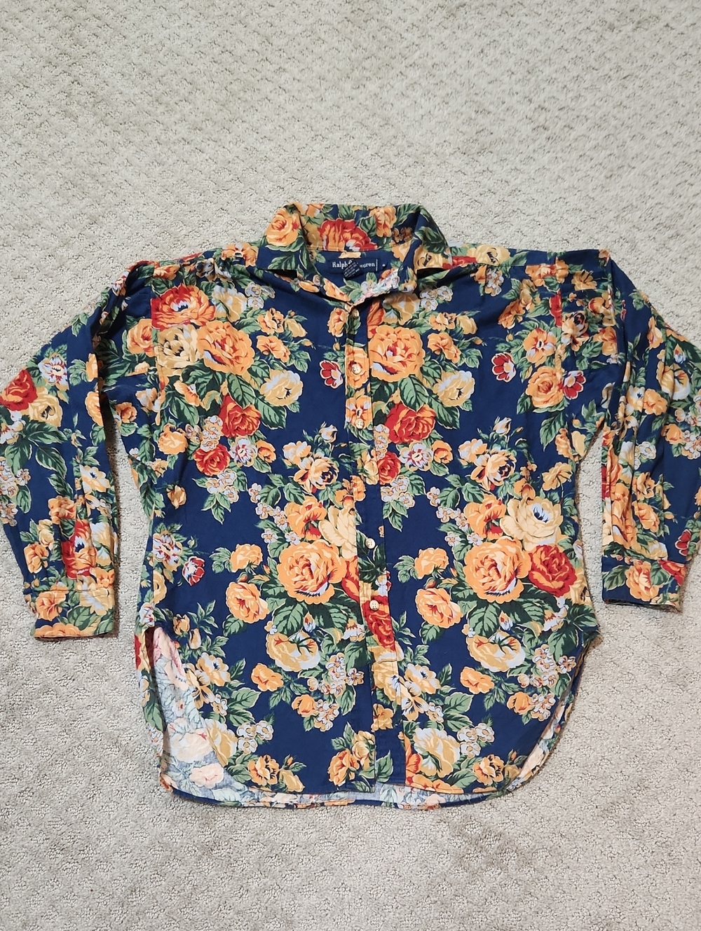 Ralph Lauren Floral Print Button-Up Shirt Navy with Yellow & Red Flowers Size 8 - Picture 6 of 16